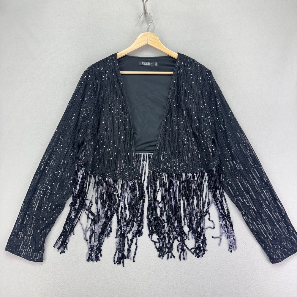 Shein Curve Cardigan Womens 1X Black Sequins Long‎ Sleeve Fringe NYE Party Dance